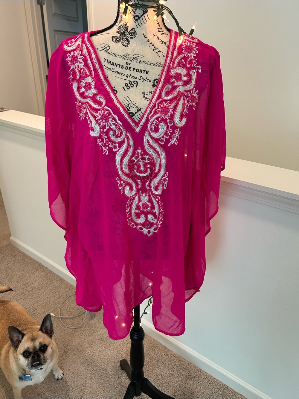 Spiaggia Dolce Hot Pink Embroidered V-Neck Sheer Tunic L/XL - Picture 4 of 10